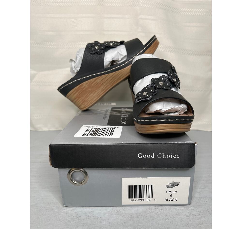 GC Shoes Halia Floral Wedge Sandals Black Womens Size 6
